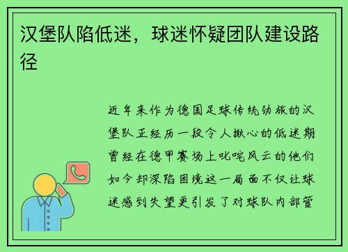汉堡队陷低迷，球迷怀疑团队建设路径