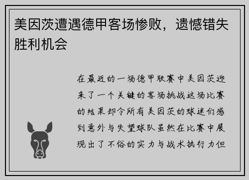 美因茨遭遇德甲客场惨败，遗憾错失胜利机会